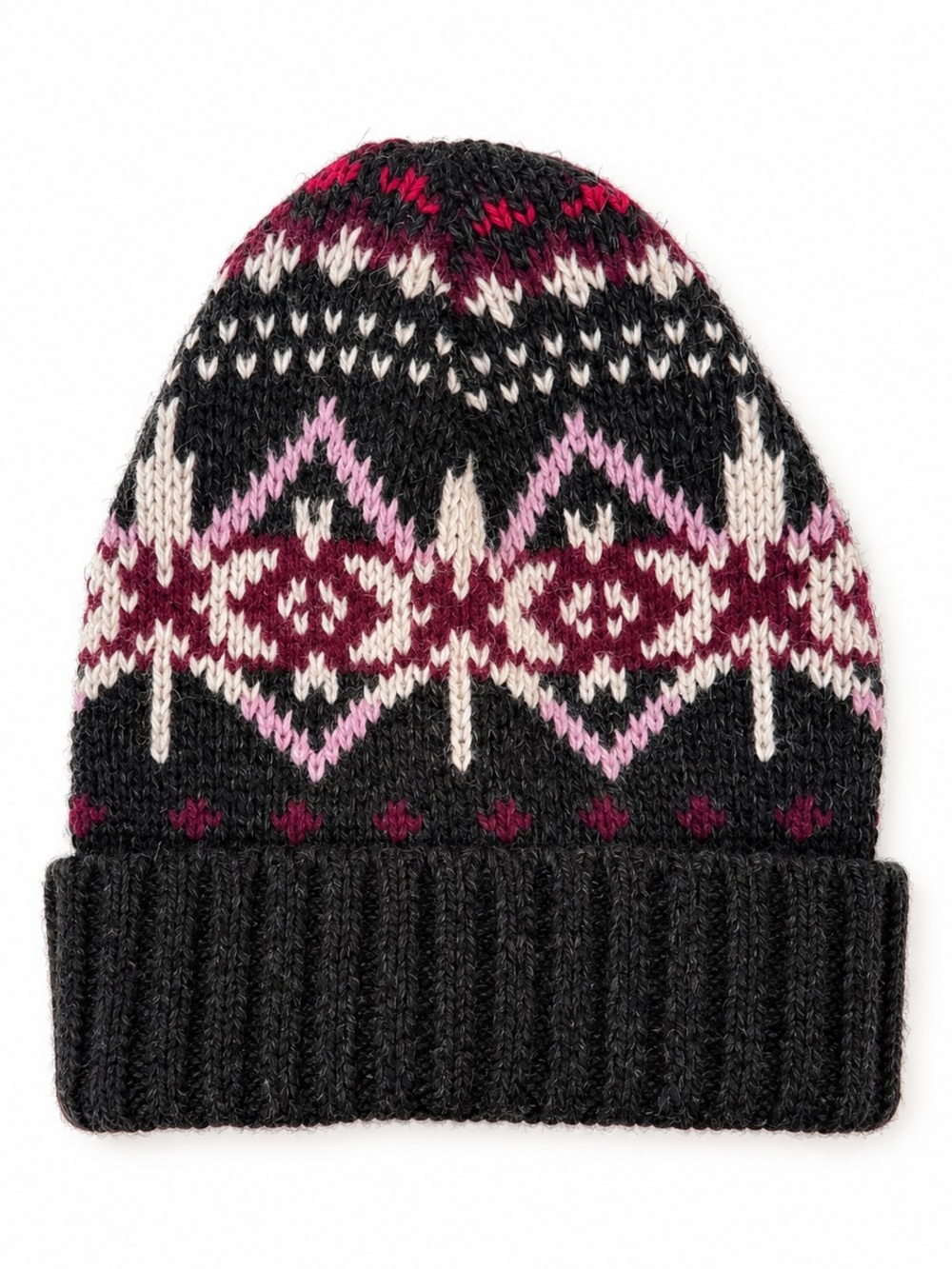 Classic Fair Isle Wool Blend Beanie - Dk Grey with Pink & Burgundy
